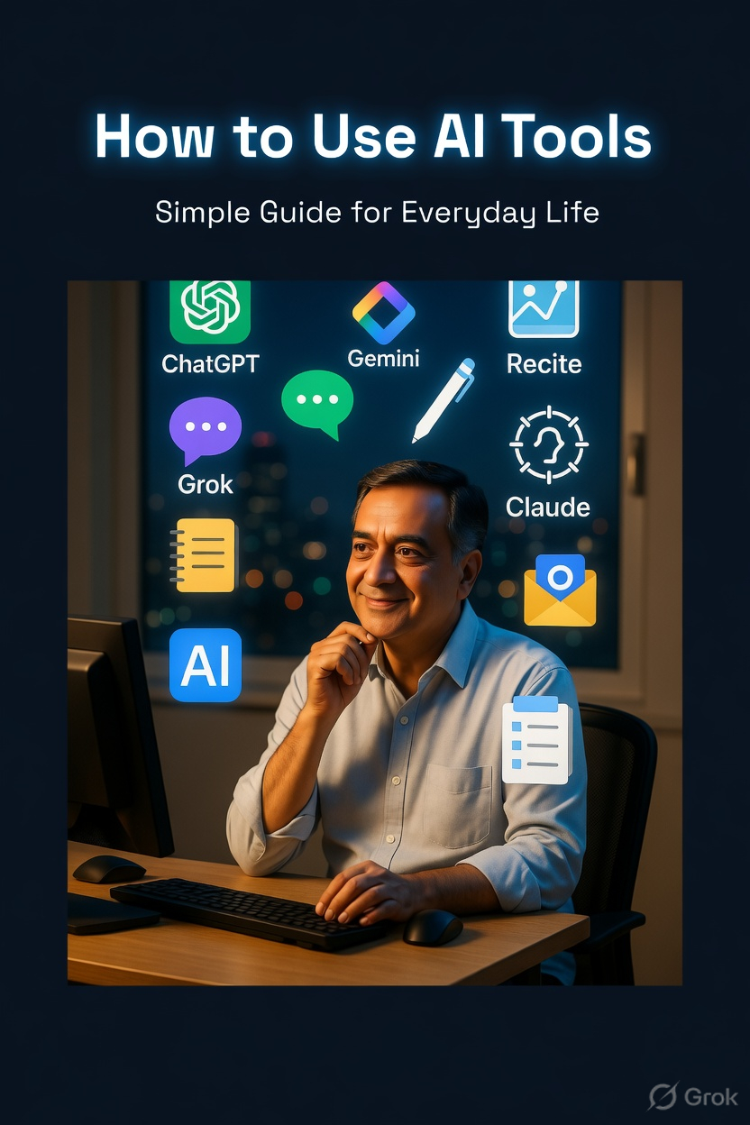 Middle aged man surrounded by AI tool icons