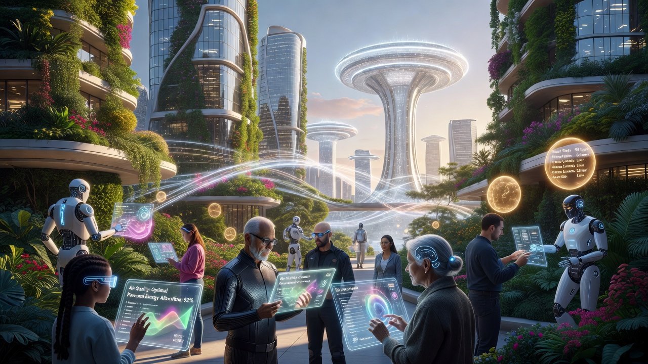 A futuristic sustainable city with lush greenery-covered skyscrapers and flying saucer-like structures, where diverse people of all ages interact with holographic data displays and collaborate with humanoid robots