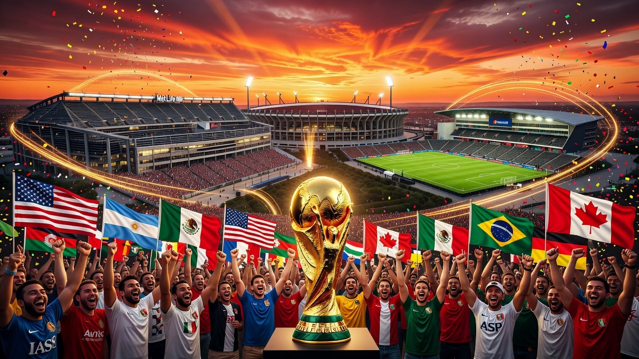 A golden FIFA World Cup trophy stands in front of a packed stadium at sunset, surrounded by cheering fans waving flags from the United States, Canada, Mexico, Brazil, Argentina, and other nations, with colorful confetti falling from the sky