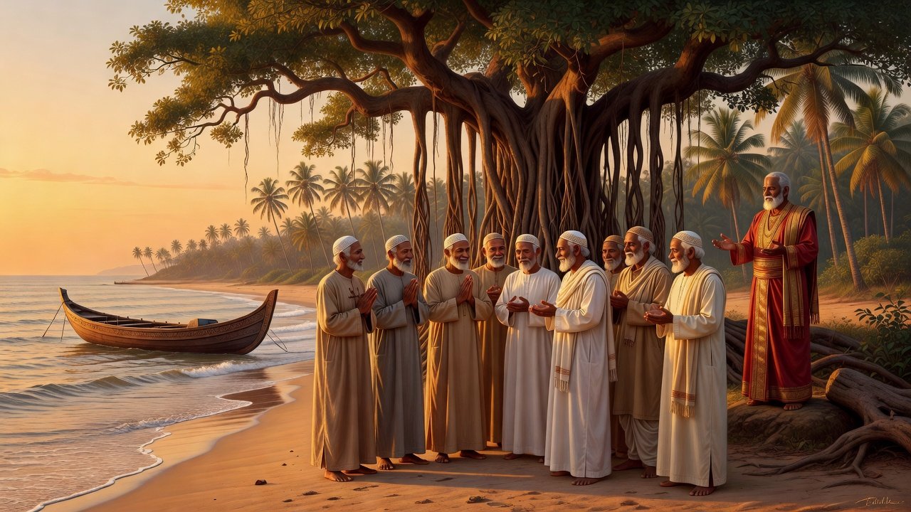 A group of nine men in traditional robes and caps stand in prayer on a tropical beach at sunset, facing an elder in red and gold who leads them with open hands, under a large banyan tree with a wooden boat nearby