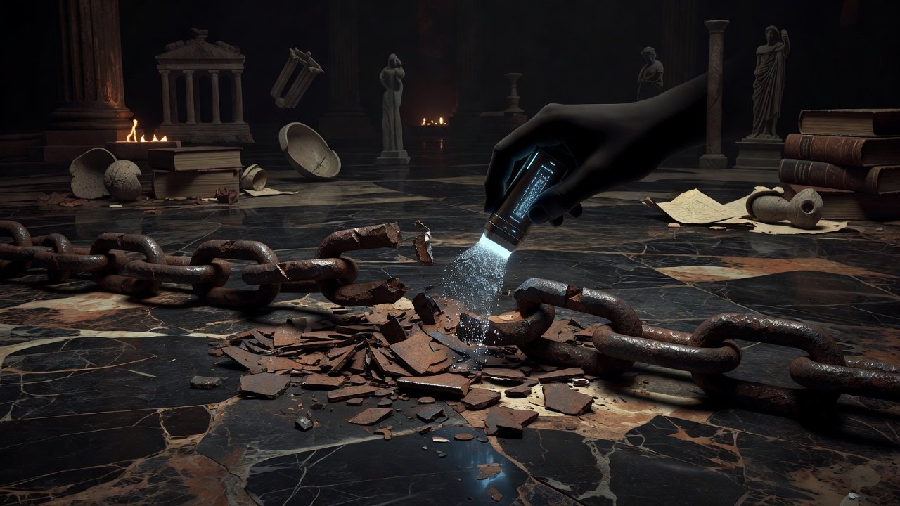 A hand holding a futuristic device that emits glowing particles breaking a rusted chain on a marble floor surrounded by ancient ruins, broken statues, books, and scrolls