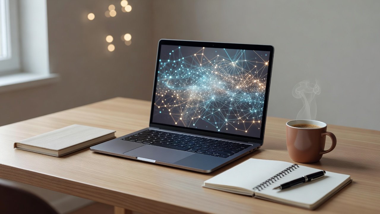 A laptop on a wooden desk displaying a glowing network graphic, next to a steaming coffee mug, an open notebook with a pen, and a closed notebook