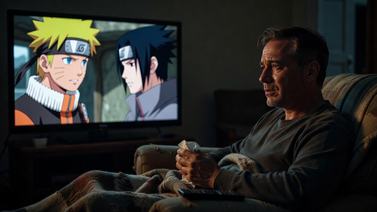 A man with a tear-streaked face watching Naruto and Sasuke on TV while holding a tissue