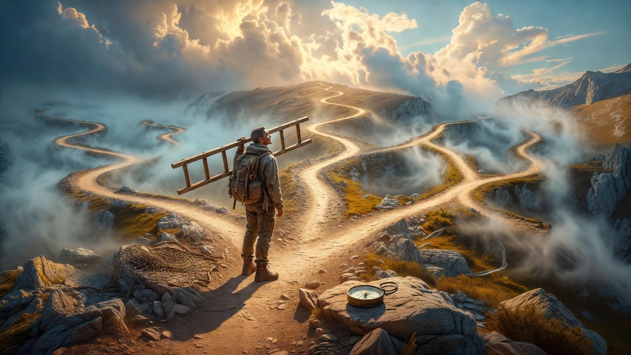 A person with a backpack and ladder stands at a crossroads on a misty mountain path, looking toward multiple winding trails ahead, with a compass on a nearby rock
