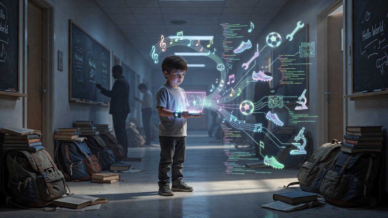 A young student stands in a classroom holding a glowing holographic tablet as icons for music, sports, coding, science, and engineering float around him