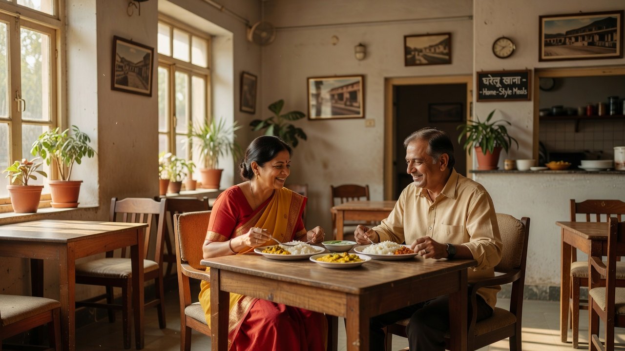 An elderly Indian couple smiling at each other while eating a meal together in a sunlit restaurant
