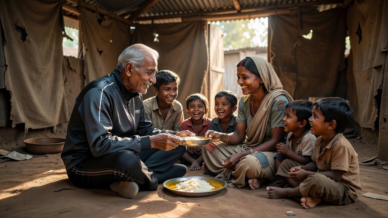 Elderly man and woman smiling as they serve a meal to five happy children sitting on the floor of a simple shelter