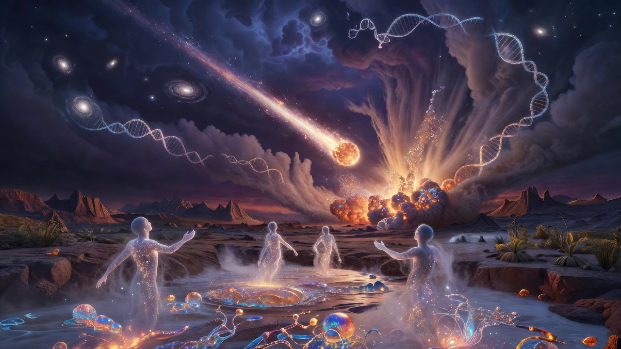 Four translucent human figures stand in a glowing pool of primordial soup as a comet streaks across a cosmic sky filled with DNA helices and exploding stellar formations