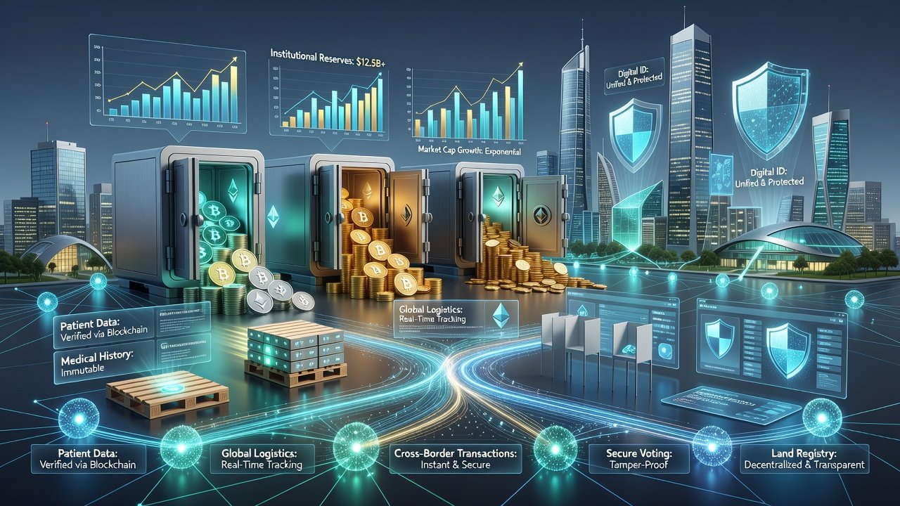 Futuristic blockchain ecosystem with secure vaults of cryptocurrency, glowing data networks, and holographic panels illustrating applications in healthcare, global logistics, secure voting, and land registry