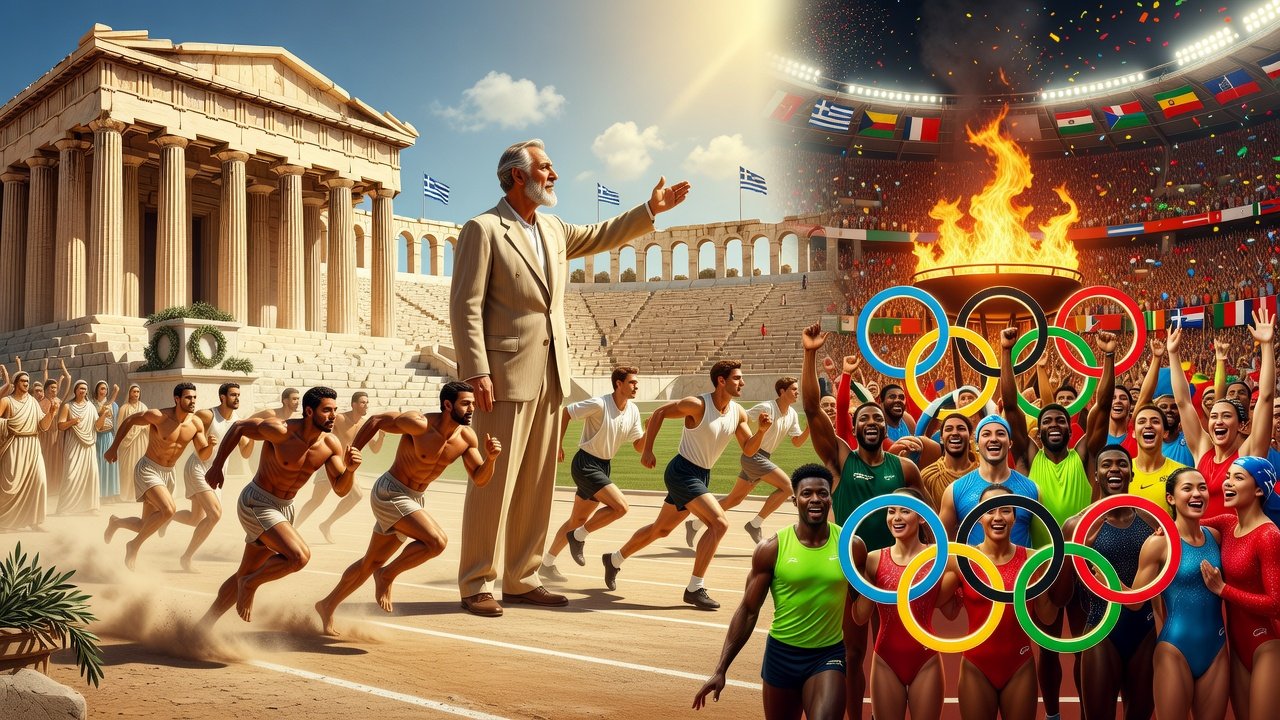 The image is a complex, symbolic illustration blending ancient and modern Olympic themes. It is not purely decorative, nor is it a functional link or button. It serves as an informative visual that communicates the historical origins and modern celebration of the Olympic Games. **Alt text:** Ancient Greek runner approaching the modern Olympic flame and athletes celebrating under the Olympic rings, with the Parthenon in the background. (Character count: 118)