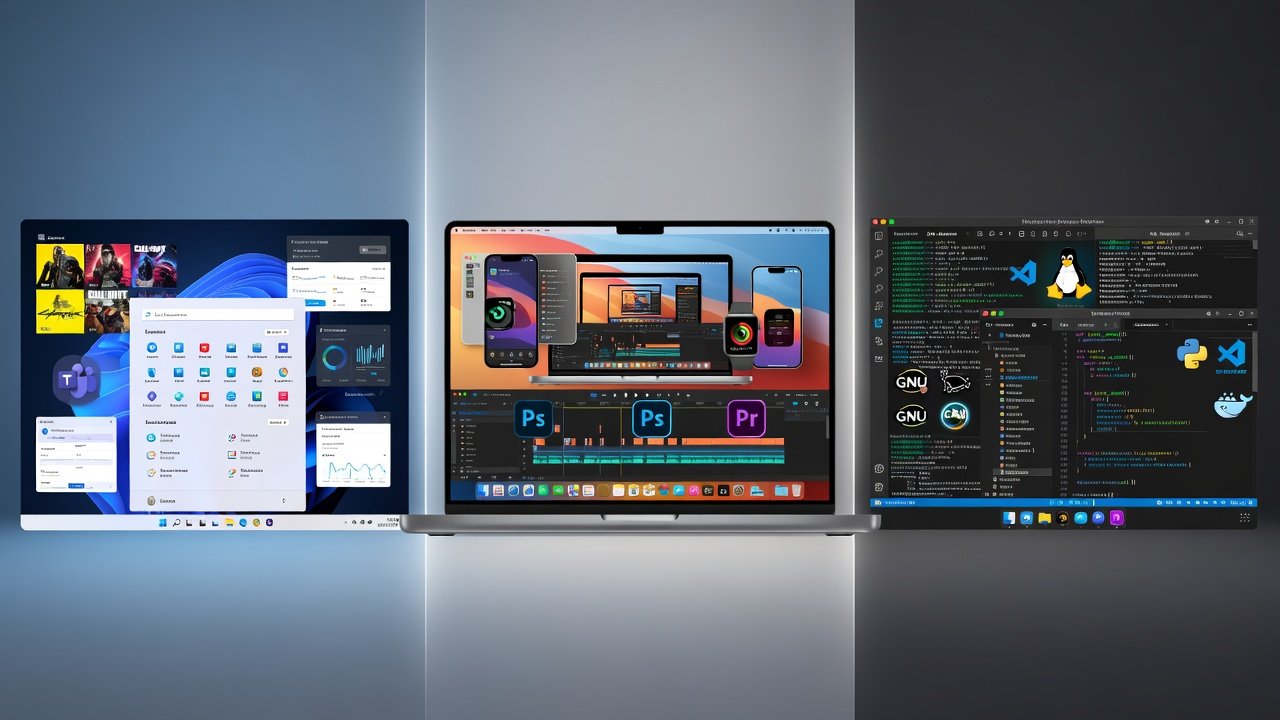 Three side-by-side screenshots of popular desktop operating systems: Windows 11 (left) showing the Start menu, taskbar, and several open apps including Microsoft Teams and Call of Duty; macOS (center) displaying the desktop with multiple open application windows, a MacBook Pro, iPhone, and iPad mockups, plus Adobe Photoshop and Premiere Pro icons; Linux (right) with a dark-themed desktop running multiple terminal windows, file managers, and icons for GNU, Python, Docker, and Visual Studio Code