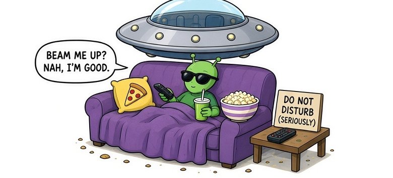 Funny lazy alien cartoon of a green alien lounging on a couch refusing to beam up