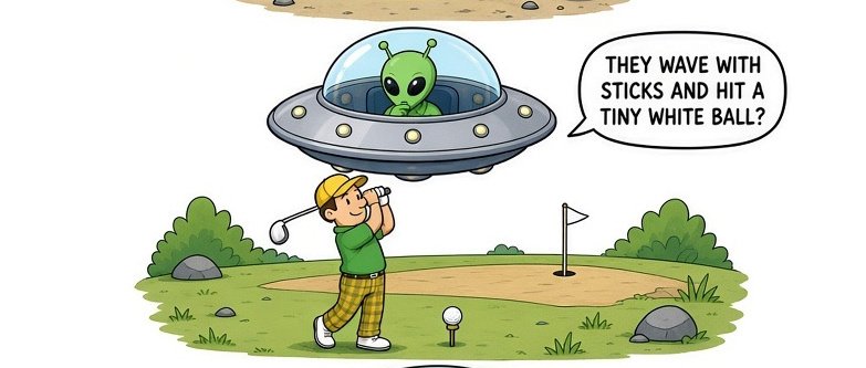 Funny alien golf cartoon of aliens watching humans wave sticks on a green course