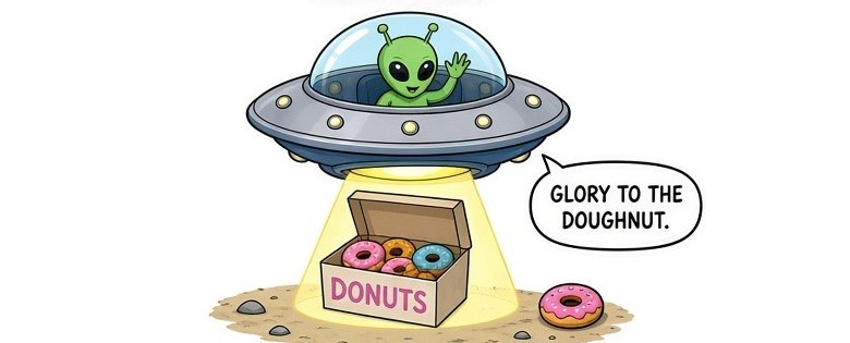 Funny UFO doughnut cartoon showing a flying saucer abducting glazed donuts