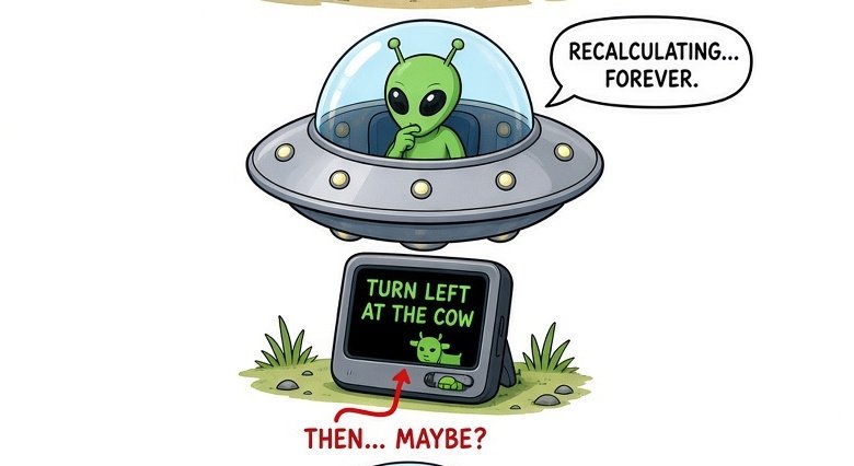 Funny alien GPS cartoon of a confused UFO navigation screen stuck recalculating