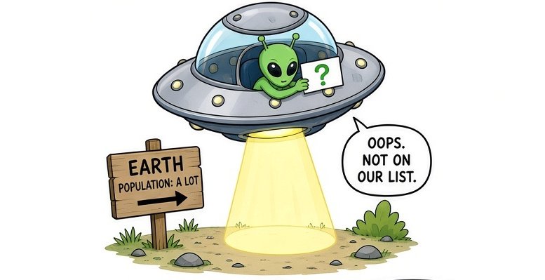 Funny wrong planet UFO cartoon with aliens noticing Earth is not on their population list